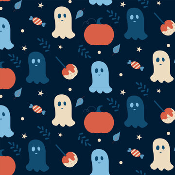 Cute Halloween Ghosts and Pumpkins Seamless Pattern