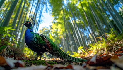 Naklejka premium Graceful Green Pheasant of Japan Strutting in Bamboo Forest at Midday