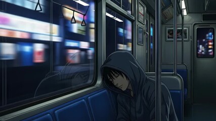 Sleepless journey commuter napping on moving train at night city lights blur animation - Powered by Adobe