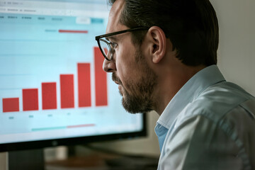 young businessman working concept financial data analytics using tv multimedia evening office joven empresario trabajando en análisis financiero utilizando televisión multimedia la oficina por noche