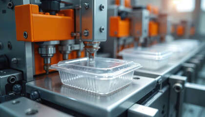 Close up of modern industrial machine making clear plastic containers on conveyor belt. Tech process shows automation, production line efficiency in factory setting. Manufacturing plastic food