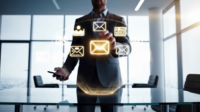 Businessman touches glowing email icons in modern office environment. Digital communication, electronic mail messaging, and corporate correspondence technology. Virtual interface with envelope symbols
