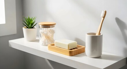 Sustainable bamboo bathroom items on shelf for minimalist interior design background