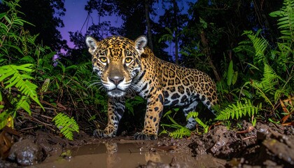 Obraz premium Fierce Jaguar of Belize Prowling in Jungle at Twilight