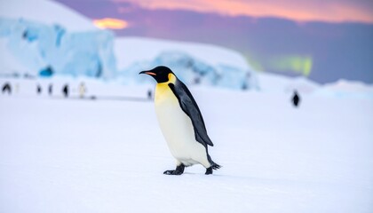 Fototapeta premium Majestic Emperor Penguin of Antarctica Marching on Ice Shelf at Twilight
