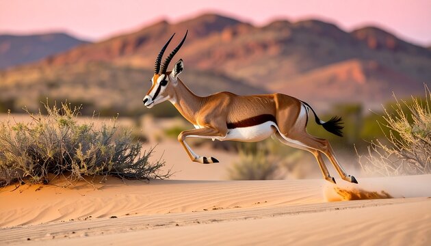 Graceful Springbok of South Africa Leaping in Kalahari Desert at Dawn