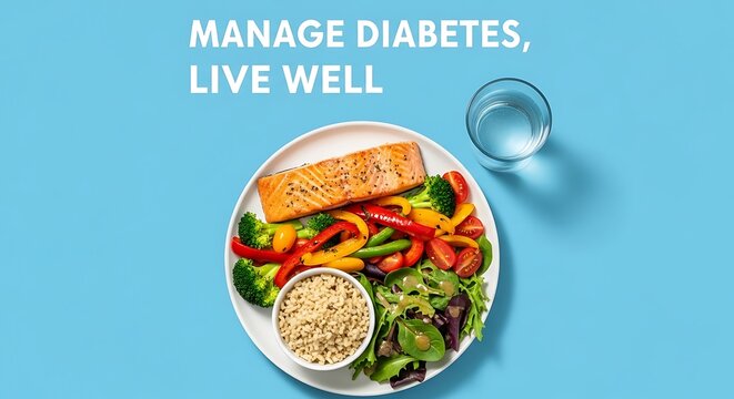 Diabetes healthy food salmon vegetables diet nutrition wellness lifestyle balanced meal plan guide -world diabetes day