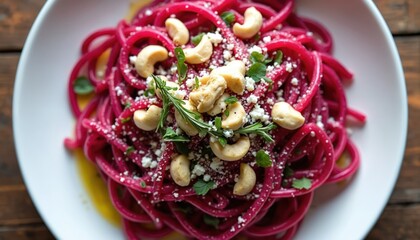Vegan beet pasta on white plate. Pink spiralized pasta with vegan feta cheese and herbs. Cashews and herbs on top. Healthy meal on wooden table.