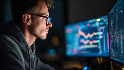 Focused male analyst in gray hoodie examines data on dual monitors, showcasing detailed graphs and charts, with a gradual zoom in on the screens and his intense concentration - Powered by Adobe