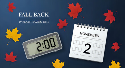 Fall back daylight saving time with clock and calendar on november 2