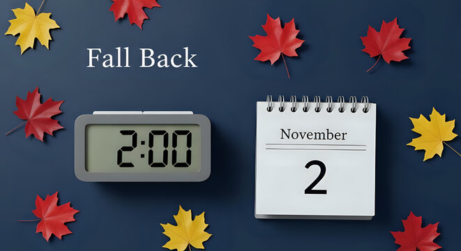 Fall back clock and calendar showing november 2, with autumn leaves on a dark blue background