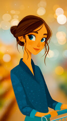 A cartoon illustration of a woman with brown hair blue eyes and a blue shirt holding a shopping cart