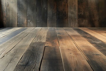 Rustic wooden floor with dark and light planks in empty room interior