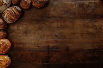 Artisan breads arranged on wooden table background in rustic bakery setting