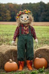 Scarecrow in a pumpkin patch standing among hay bales with autumn scenery