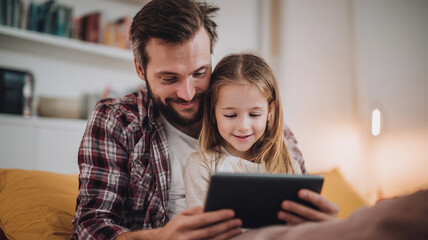 Home, game and dad with child for tablet, support and education app for cognitive development. Couch, laugh and father with girl for digital streaming, learning website and bonding together in house
