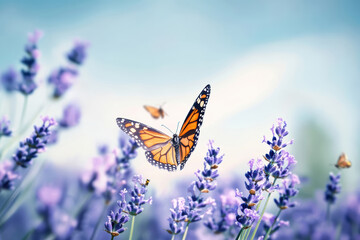 Monarch butterfly hovering over lavender flowers in a serene garden setting