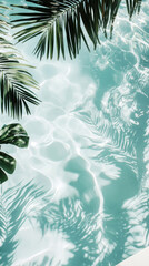 Tropical pool water reflections with palm leaves and sunlight