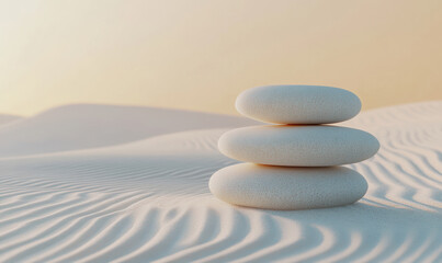 Stacked white stones on smooth sandy surface in serene natural setting