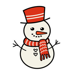 Vector illustration of a flat snowman sticker in red hat and scarf, outlined in linear style. Perfect for greeting cards and festive decor. EPS.