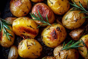 traditional golden roast potatoes with garlic and rosemary herbs