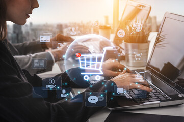 Concept of e-commerce and online shopping technology. A digital marketplace with a customer...