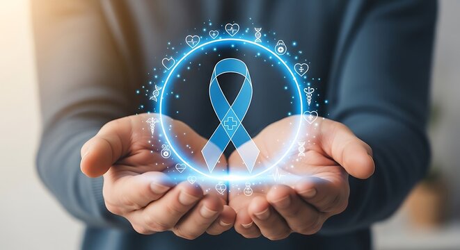 Prostate cancer awareness ribbon in hands healthcare medical support charity blue ribbon hope -world diabetes day