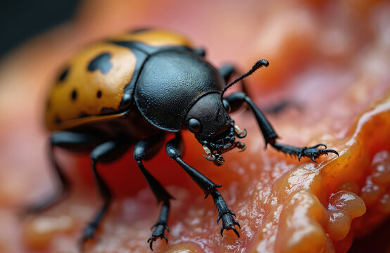 Larder, dermestes lardarius, crawls on raw meat. Macro insect view shows black and yellow spotted pest on protein food. Detailed arthropod with antennae feeding on carcass.
