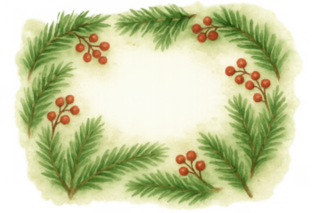 Watercolor christmas frame featuring evergreen pine tree branches and red holly berries, creating a festive holiday border. Transparent background