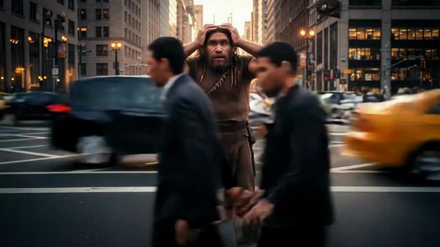 A Neanderthal man, dressed in primitive attire, stands aghast in the middle of a bustling New York City intersection.