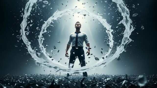 Man facing psychological shards transforming to calm. dealing with personality disorder and emotional healing.