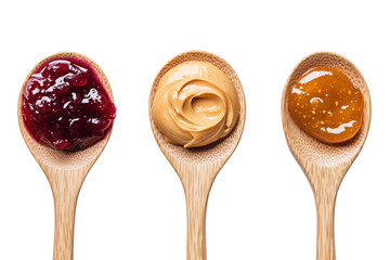 A Trio of Delight: Wooden spoons cradle a luscious assortment of peanut butter, berry jam, and apricot preserves, a delightful prelude to a culinary experience.