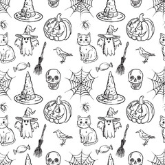 Obraz premium Seamless pattern with halloween horror creatures ghost, carved pumpkin, car, spider, cobweb, skull in black brush stroke texture on white. Hand drawn vector sketch illustration in vintage charcoal ink