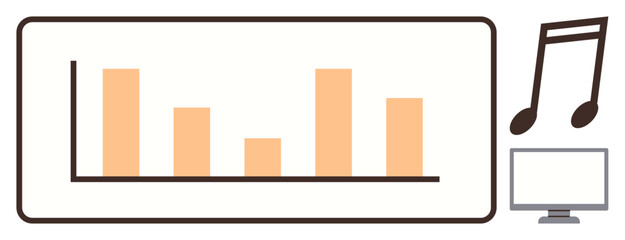 Bar graph on digital screen, music note, and monitor symbolizing data analysis, media, and technology. Ideal for business, education, analytics, entertainment multimedia communication simple flat