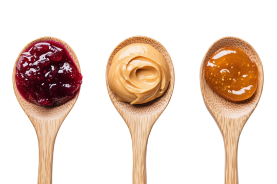 A Trio of Delight: Wooden spoons cradle a luscious assortment of peanut butter, berry jam, and apricot preserves, a delightful prelude to a culinary experience.
