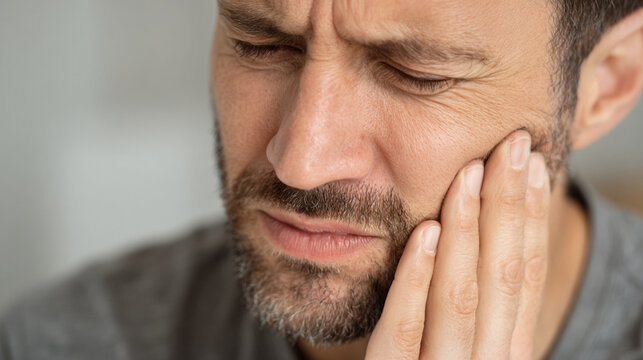 Acute Toothache or Jaw Pain. Close-up of Man Suffering from Severe Dental Discomfort, Holding Cheek with Hand.