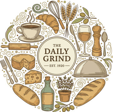 Hand-Drawn Circle Logo Illustration of Artisan Bakery and Bistro Food,Croissant, Wheat, Olives, and Herbs, for Cafe Menu or Label Design.