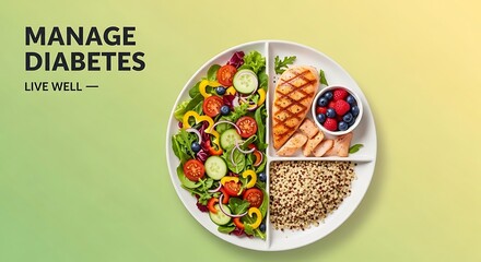 Diabetes management healthy eating plate with grilled chicken salad quinoa and berries diet plan -world diabetes day