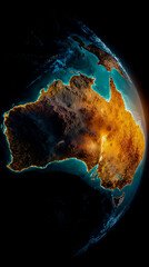 A digital representation of the Earth showing a close-up view of the Australian continent with a focus on the landmass and the surrounding ocean