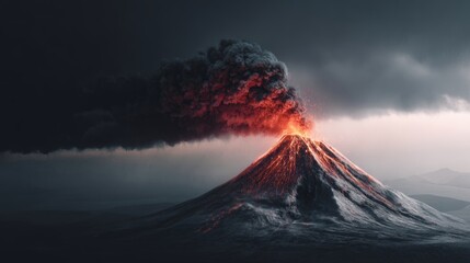 Volcano erupting violently under a dark, stormy sky, molten lava pouring from the crater and a vast ash plume blotting the air, raw, destructive natural power