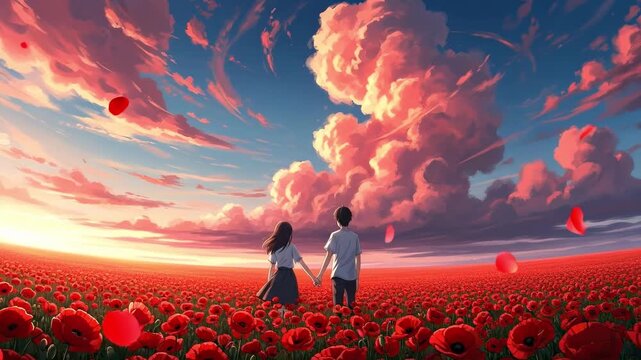 Romantic couple holding hands in vibrant poppy field at sunset under vibrant sky