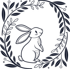 Black and white background with whimsical rabbit and butterfly vector illustration