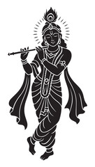 Lord Krishna black silhouette vector, playing flute in graceful pose, adorned with peacock feather, elegant Indian art illustration