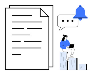 Large documents, notification bell, speech bubble, and woman sitting on bar graph using a laptop. Ideal for productivity, communication, workflow, reminders organization data teamwork. Minimalist