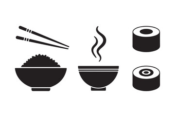 Japanese food icons rice bowl steaming soup and sushi rolls