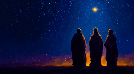 Three robed figures standing in front of a starry night sky