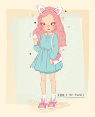 This playful illustration features a girl with bunny ears delightfully holding ice cream, showcasing a fun, youthful vibe with pastel colors and an inventive design style that captivates.