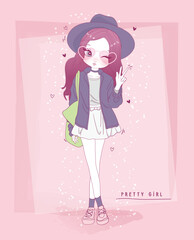 A fashionable girl in a pink outfit winks playfully, expressing her personality while surrounded by soft pastel colors, embodying style, youth, and a touch of whimsy.