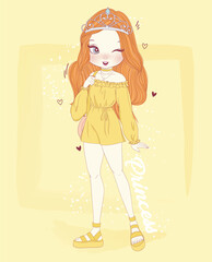 This enchanting illustration depicts a girl dressed as a princess in a yellow outfit adorned with a sparkling tiara, embodying joy and whimsy against a cheerful backdrop.