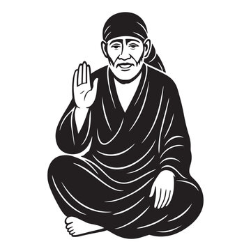 Sai Baba black silhouette vector, seated in blessing pose, wearing robe and headscarf, serene spiritual Indian art illustration